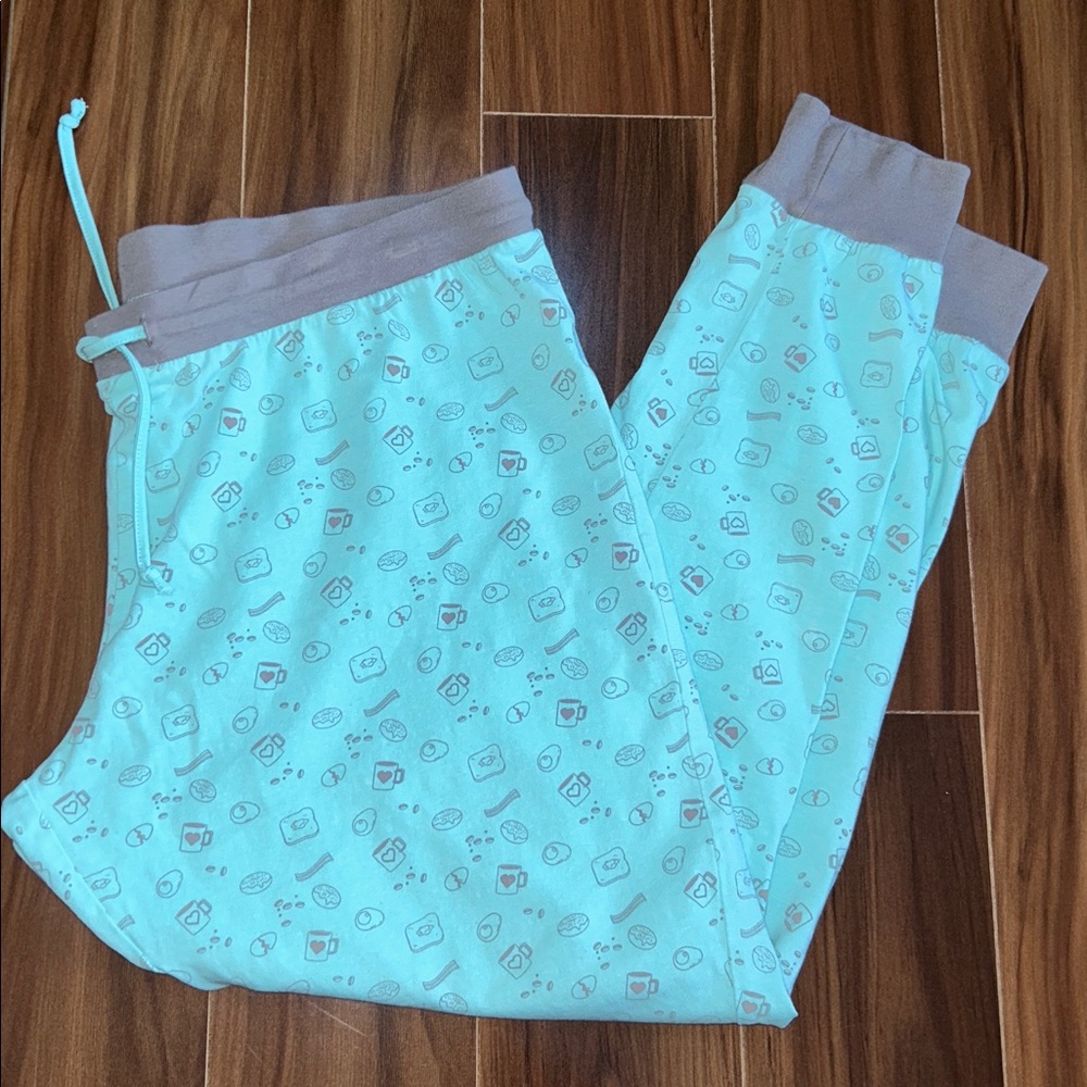 XL 95% cotton serra teal breakfast coffee print pajama jogger pants